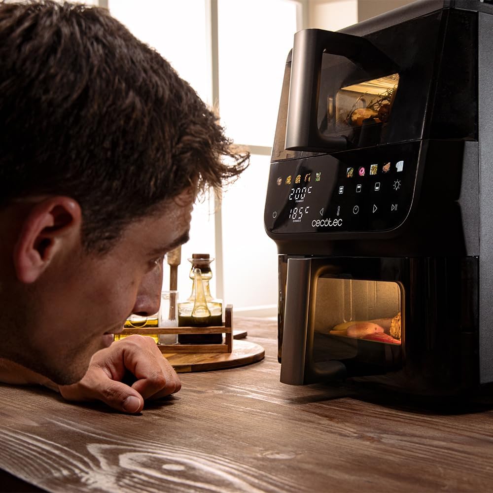 Cecotec Friteuse à Air sans Huile - Air Fryer 10L Cecofry DuoLevel 10000 DuoSize Window. 2000W, Design Vertical, 2 Cuves de 3.5L et 6.5L, Sync, 10 Menus, Température 80-200ºC, Fenêtre, Panneau Tactile