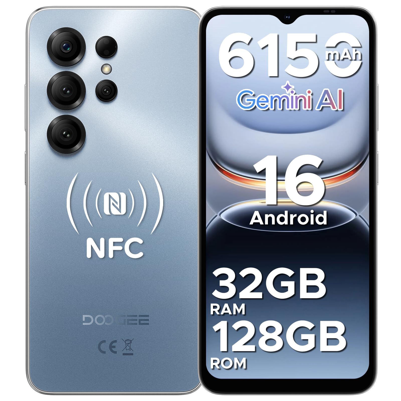 DOOGEE Note56X Pro Android 16 Smartphone Pas Cher, 6150mAh Telephone Portable Écran 6.56" HD+90Hz 32Go+128Go/TF 2To, 8MP+13MP, UNISOC T7225,Dual SIM, Octa Core, Face ID/Fingerprint/NFC/3.5mm,Noir