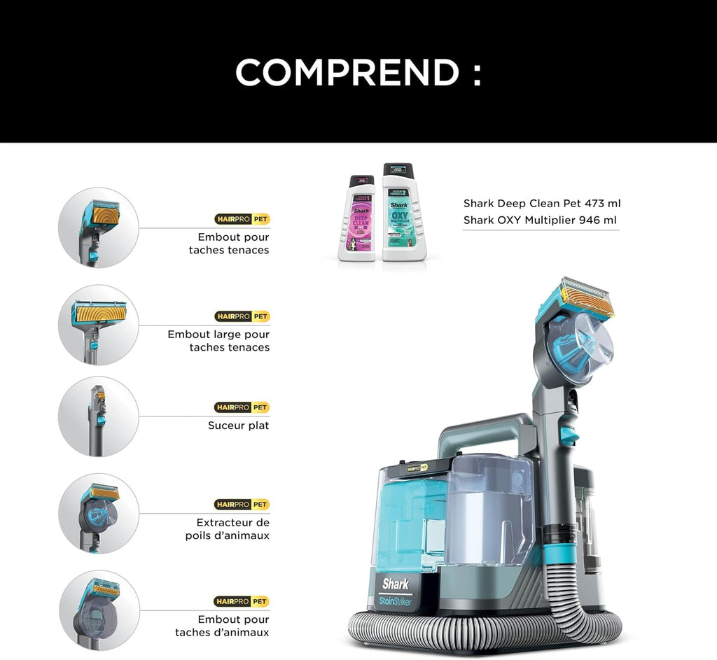 Shark StainStriker HairPro spécial animaux, Shampouineuse canapé, Aspirateur 450W, Extracteur de poils, Élimine taches et odeurs, Léger et portable, 4 accessoires et 2 formules de nettoyage PX250EUCP