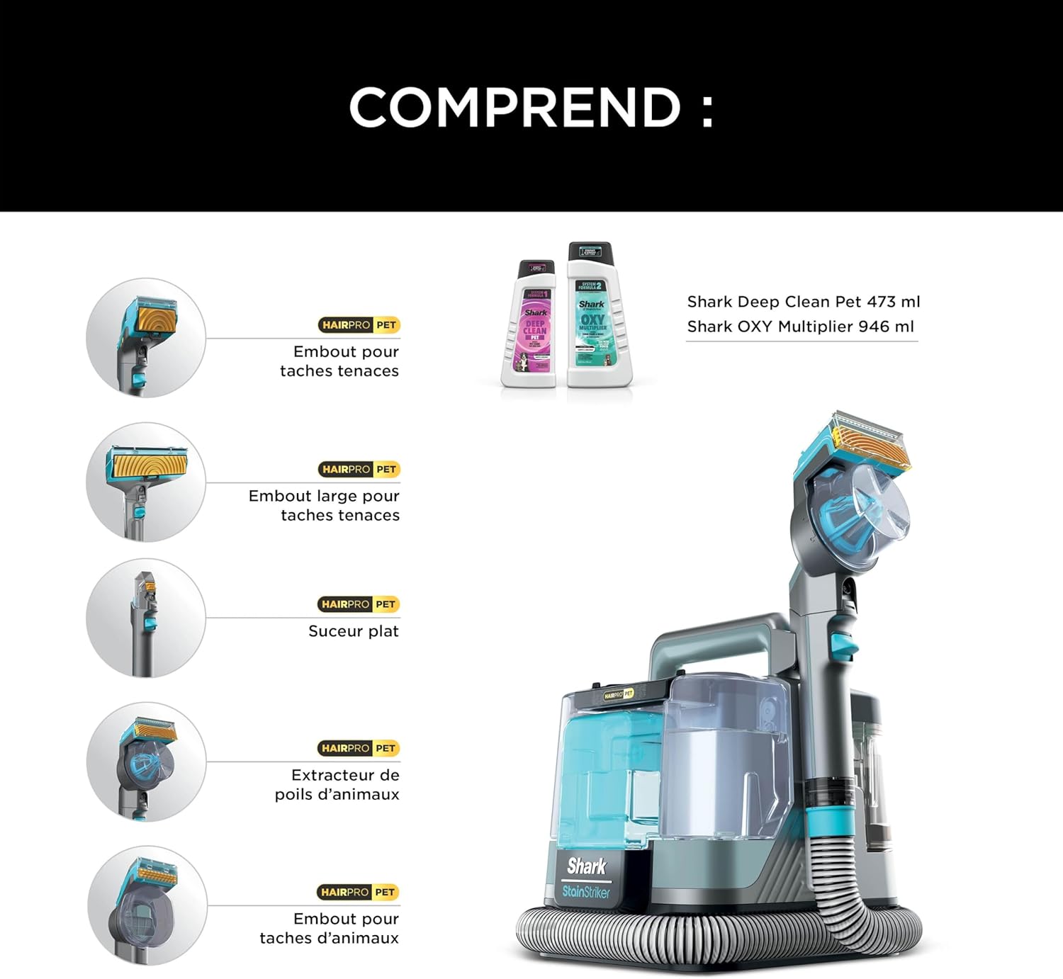 Shark StainStriker HairPro spécial animaux, Shampouineuse canapé, Aspirateur 450W, Extracteur de poils, Élimine taches et odeurs, Léger et portable, 4 accessoires et 2 formules de nettoyage PX250EUCP