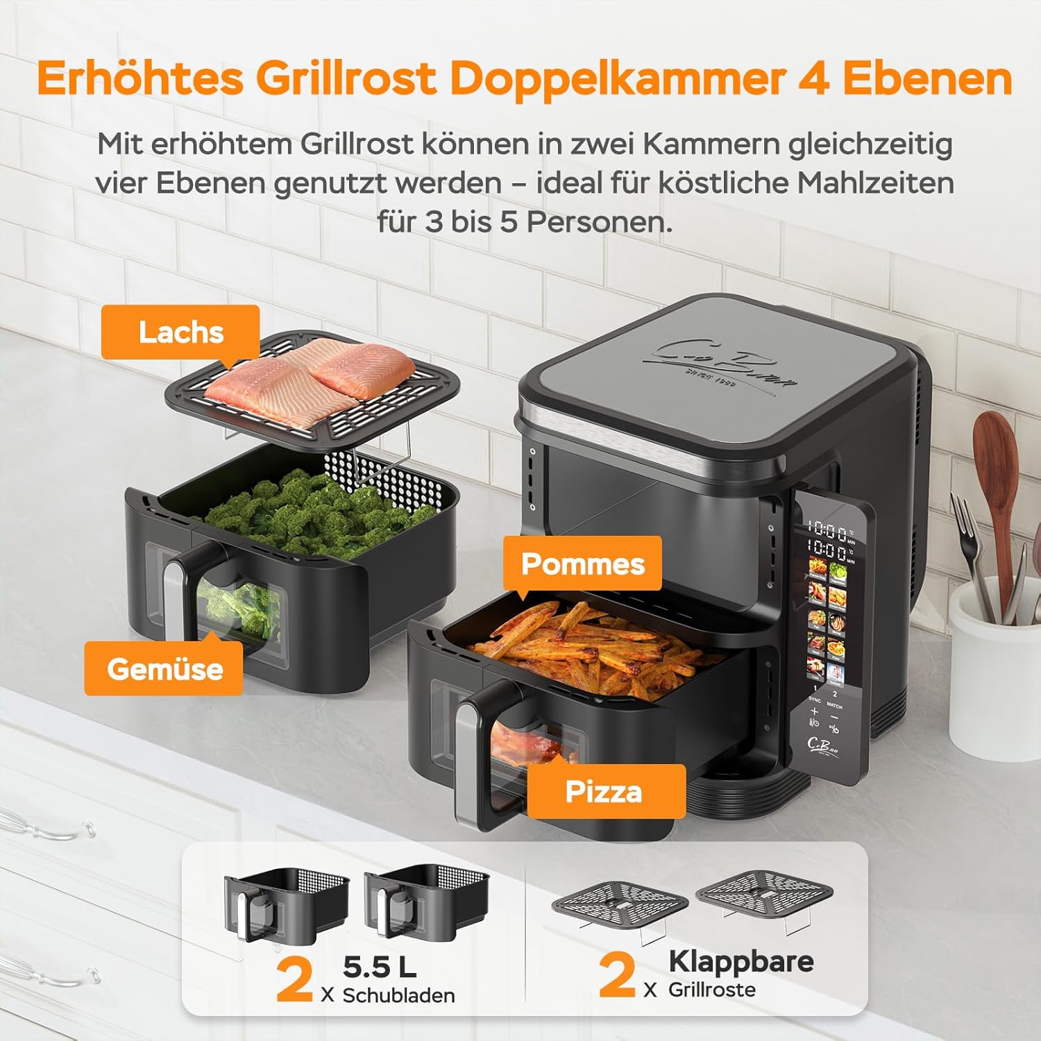 Friteuse à air verticale double compartiment, 11L Dual Zone Airfryer avec écran couleur pliable, 10 programmes, fenêtre de visualisation, matériau ignifuge V0, 2800W