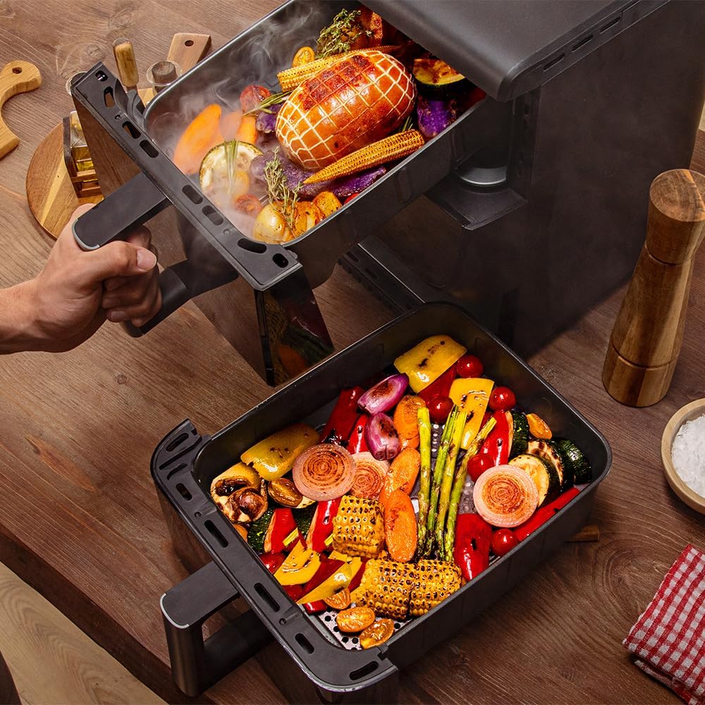 Cecotec Friteuse à Air sans Huile - Air Fryer 10L Cecofry DuoLevel 10000 DuoSize Window. 2000W, Design Vertical, 2 Cuves de 3.5L et 6.5L, Sync, 10 Menus, Température 80-200ºC, Fenêtre, Panneau Tactile