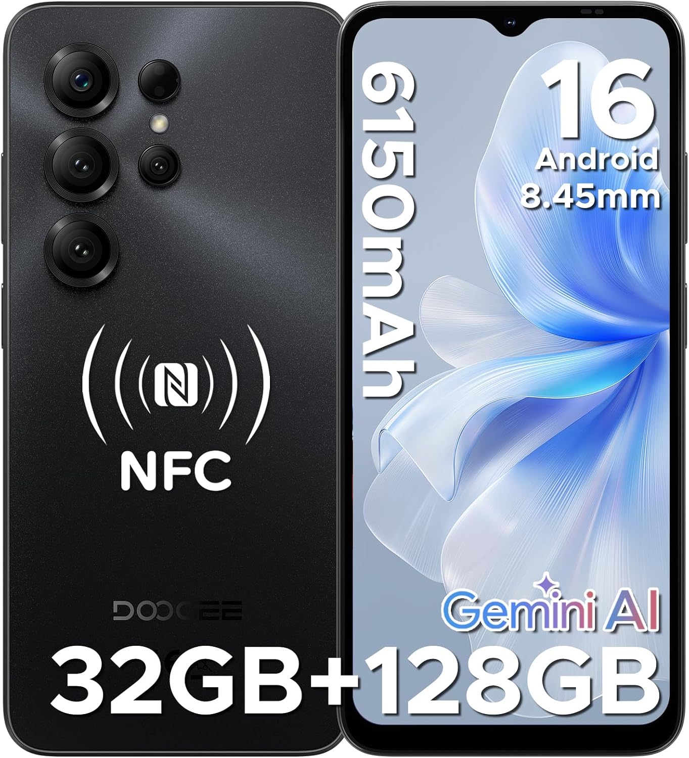 DOOGEE Note56X Pro Android 16 Smartphone Pas Cher, 6150mAh Telephone Portable Écran 6.56" HD+90Hz 32Go+128Go/TF 2To, 8MP+13MP, UNISOC T7225,Dual SIM, Octa Core, Face ID/Fingerprint/NFC/3.5mm,Noir