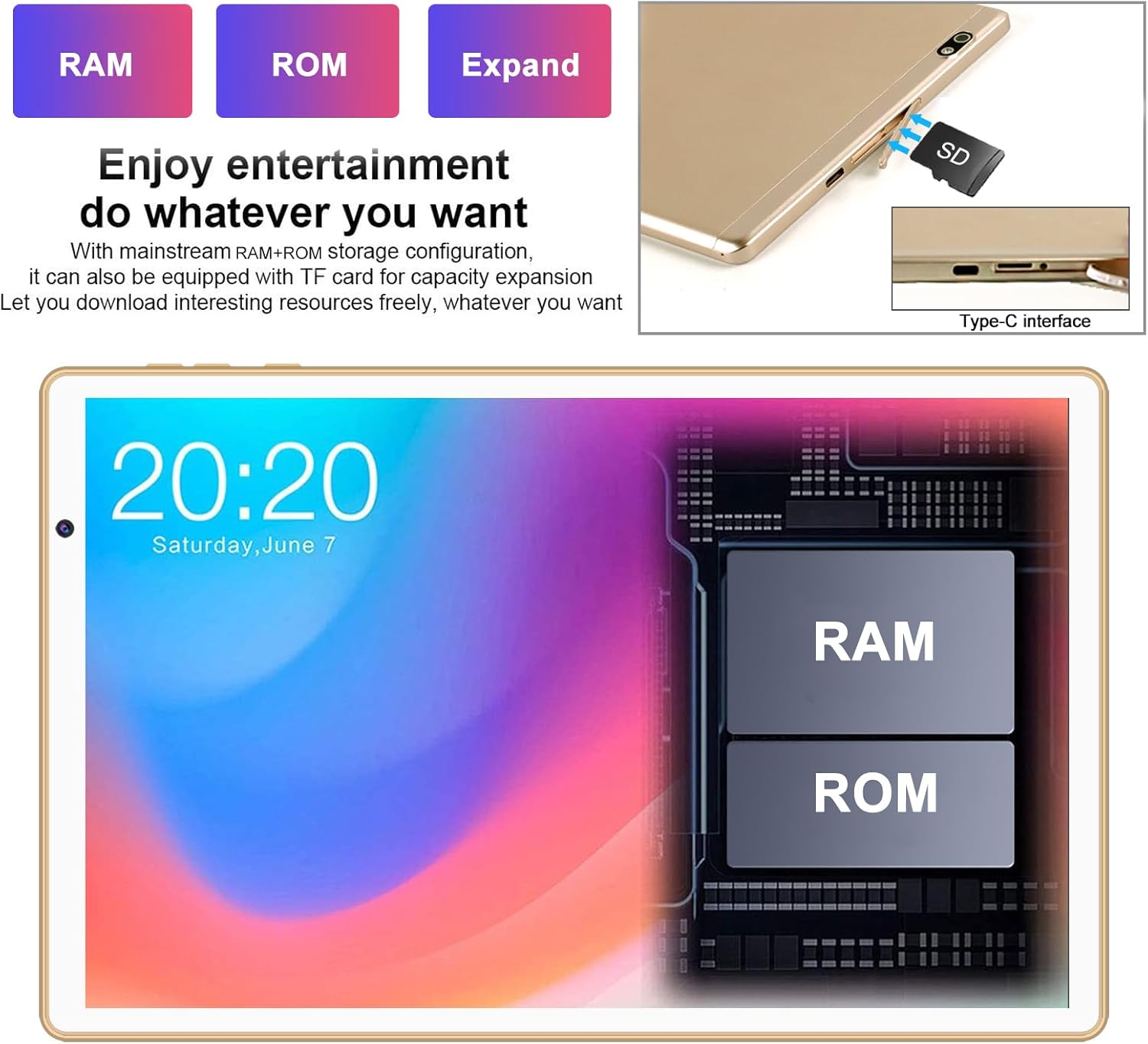 FACETEL Tablette Android Tablette 10 Pouces avec 5G WiFi, 14GoRAM + 128GoROM (TF/1To) | Octa-Core Processor | 2.0 GHz丨8000mAh丨Dual Caméra 5MP+8MP丨IPS FHD | Tablette Tactile Film Protecteur Shell - Or