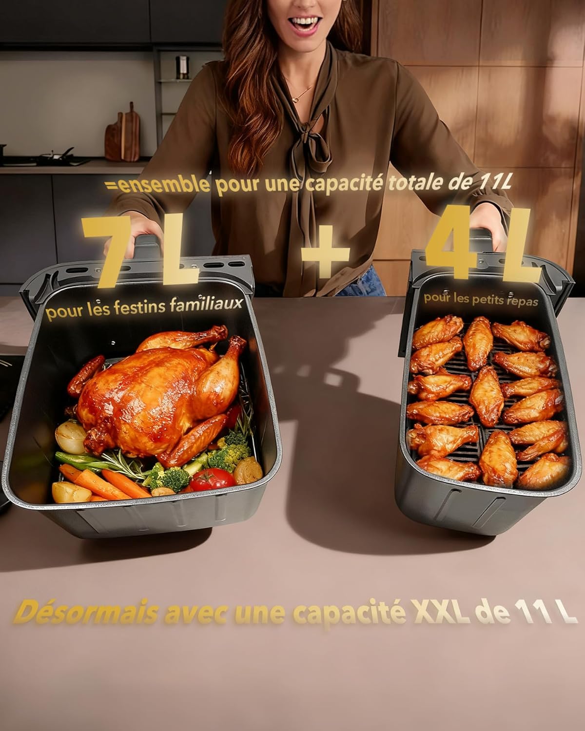Air Fryer 11L Double friteuse sans huile XXL(4+7L) 2 compartiments Airfryer 2600w Dual Zones,10-in-1 Programmes, Écran Tactile & fonction SYNC, Rappel de Secousse, passe au lave-vaisselle