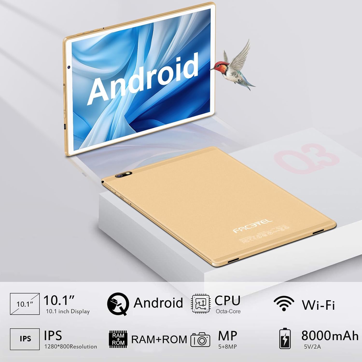 FACETEL Tablette Android Tablette 10 Pouces avec 5G WiFi, 14GoRAM + 128GoROM (TF/1To) | Octa-Core Processor | 2.0 GHz丨8000mAh丨Dual Caméra 5MP+8MP丨IPS FHD | Tablette Tactile Film Protecteur Shell - Or