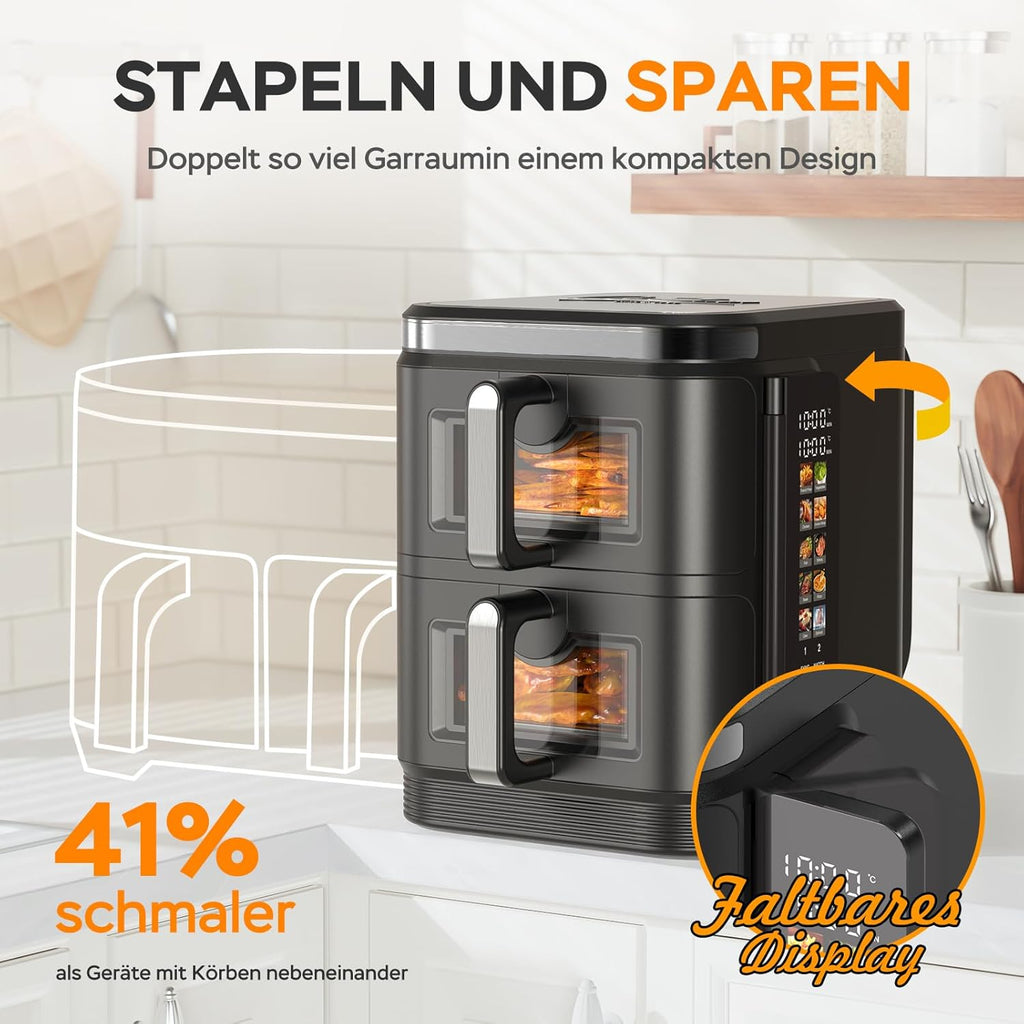 Friteuse à air verticale double compartiment, 11L Dual Zone Airfryer avec écran couleur pliable, 10 programmes, fenêtre de visualisation, matériau ignifuge V0, 2800W