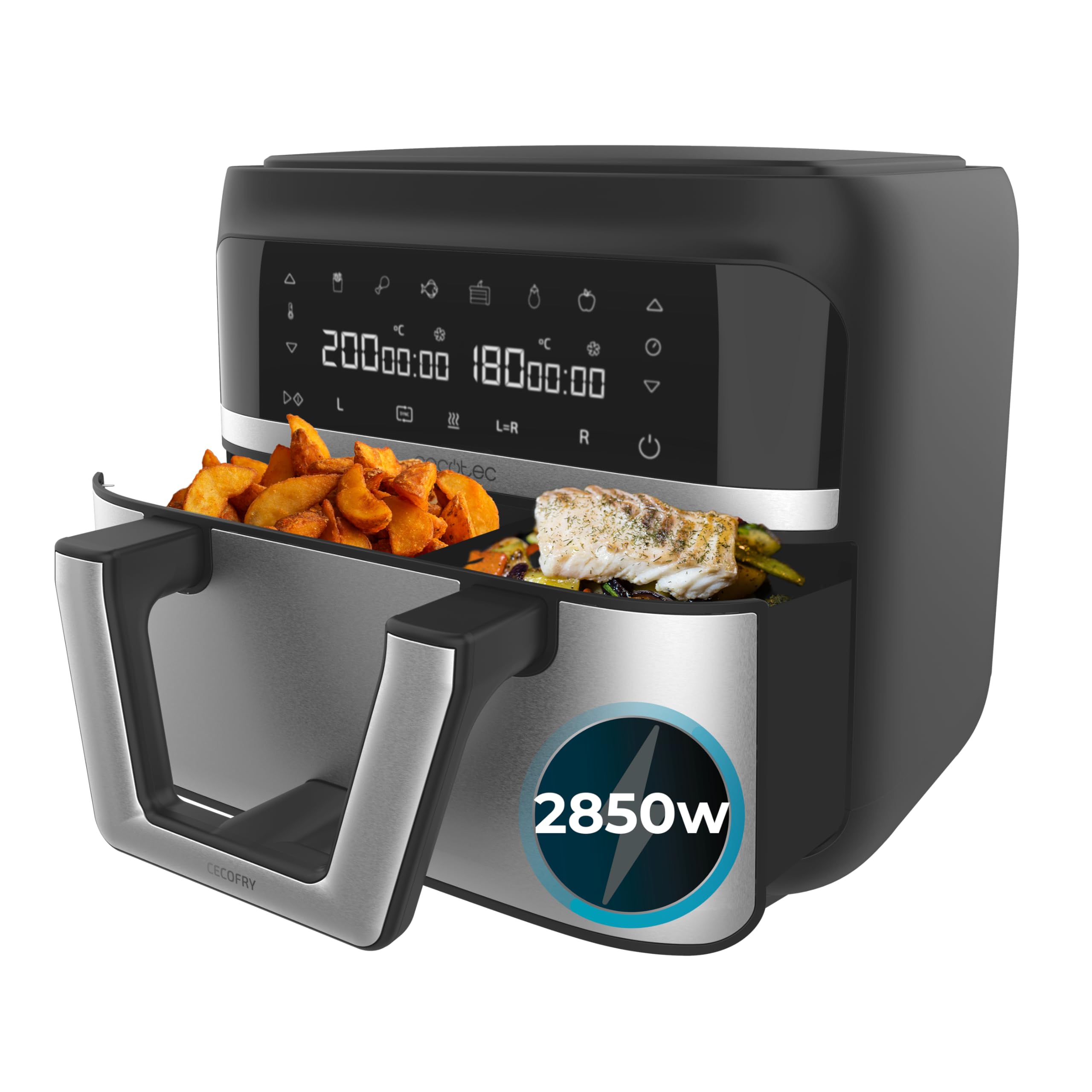 Cecotec Friteuse à Air sans Huile - Air Fryer 10L Cecofry DuoLevel 10000 DuoSize Window. 2000W, Design Vertical, 2 Cuves de 3.5L et 6.5L, Sync, 10 Menus, Température 80-200ºC, Fenêtre, Panneau Tactile