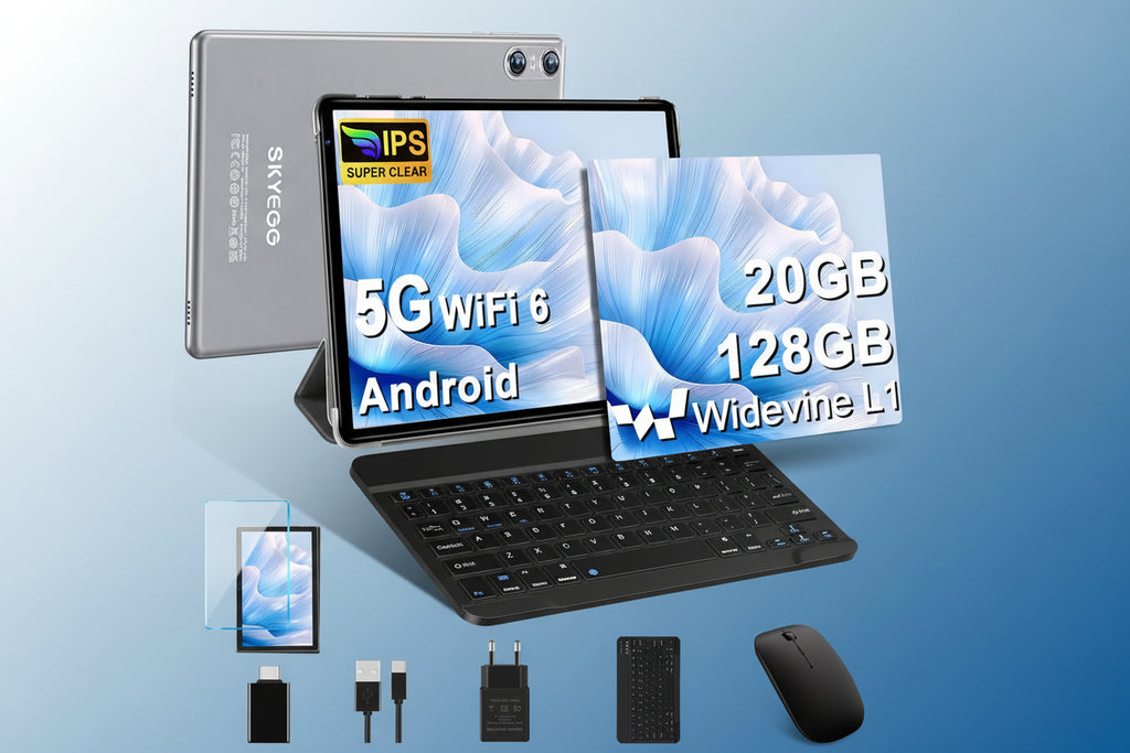 Tablette Android 14 avec 5G Wi-Fi 6, 20 GO RAM+128 GO ROM (Extensible Jusqu'à 1 To), Tablette Tactile avec Widevine L1, 8 Cœurs, 5MP+8MP, Tablette 10 Pouces avec Clavier+Souris et Cas, Gris Espace