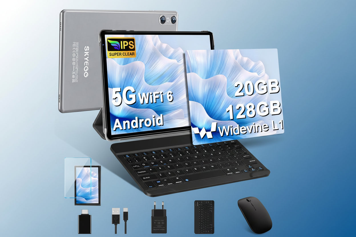 Tablette Android 14 avec 5G Wi-Fi 6, 20 GO RAM+128 GO ROM (Extensible Jusqu'à 1 To), Tablette Tactile avec Widevine L1, 8 Cœurs, 5MP+8MP, Tablette 10 Pouces avec Clavier+Souris et Cas, Gris Espace