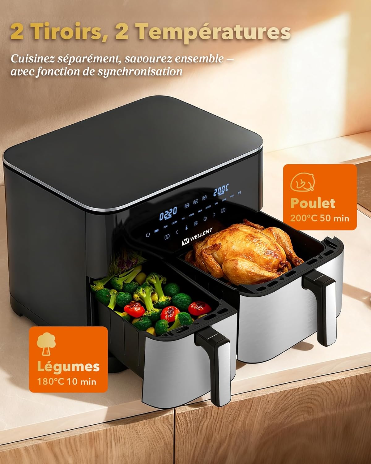 Air Fryer 11L Double friteuse sans huile XXL(4+7L) 2 compartiments Airfryer 2600w Dual Zones,10-in-1 Programmes, Écran Tactile & fonction SYNC, Rappel de Secousse, passe au lave-vaisselle