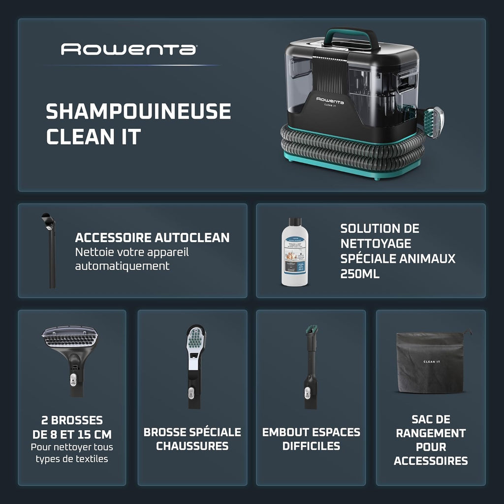 Rowenta, Clean it, Shampouineuse, Détacheur Nettoyeur de Tache, Rapide et Facile, Intérieur de Voiture, 750W, IN5020F0, Bleu/Noir