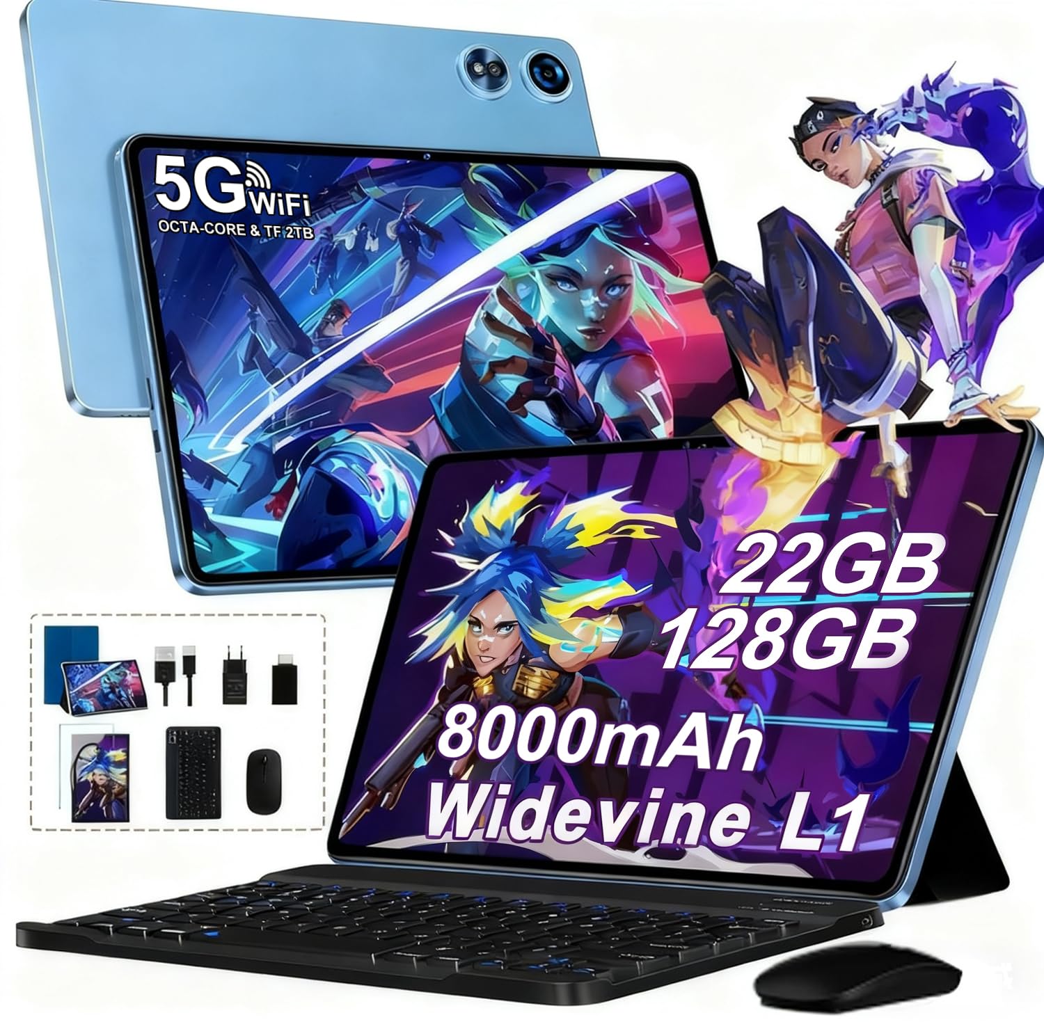 2026 Android Tablette 10 Pouces, 20Go RAM + 128Go ROM(TF 2To), Avec 5G WiFi 6, 5MP+8MP, Octa-Core 2.0 GHz, 8000mAh, GPS, Gemini AI Tablette, Widevine L1, Tablette Tactile avec Clavier + Souris（Argent）