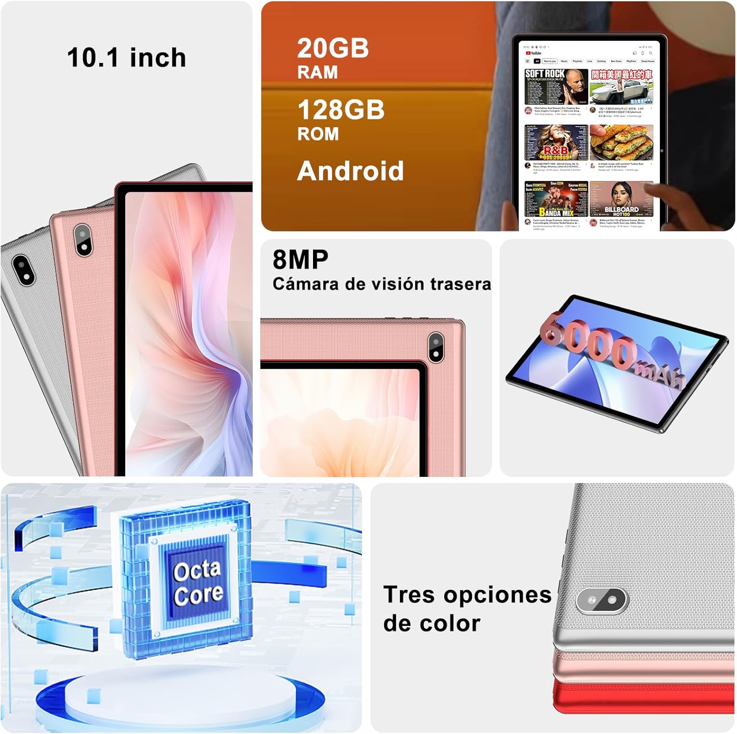 2026 Android Tablette 10 Pouces, 20Go RAM + 128Go ROM(TF 2To), Avec 5G WiFi 6, 5MP+8MP, Octa-Core 2.0 GHz, 8000mAh, GPS, Gemini AI Tablette, Widevine L1, Tablette Tactile avec Clavier + Souris（Argent）