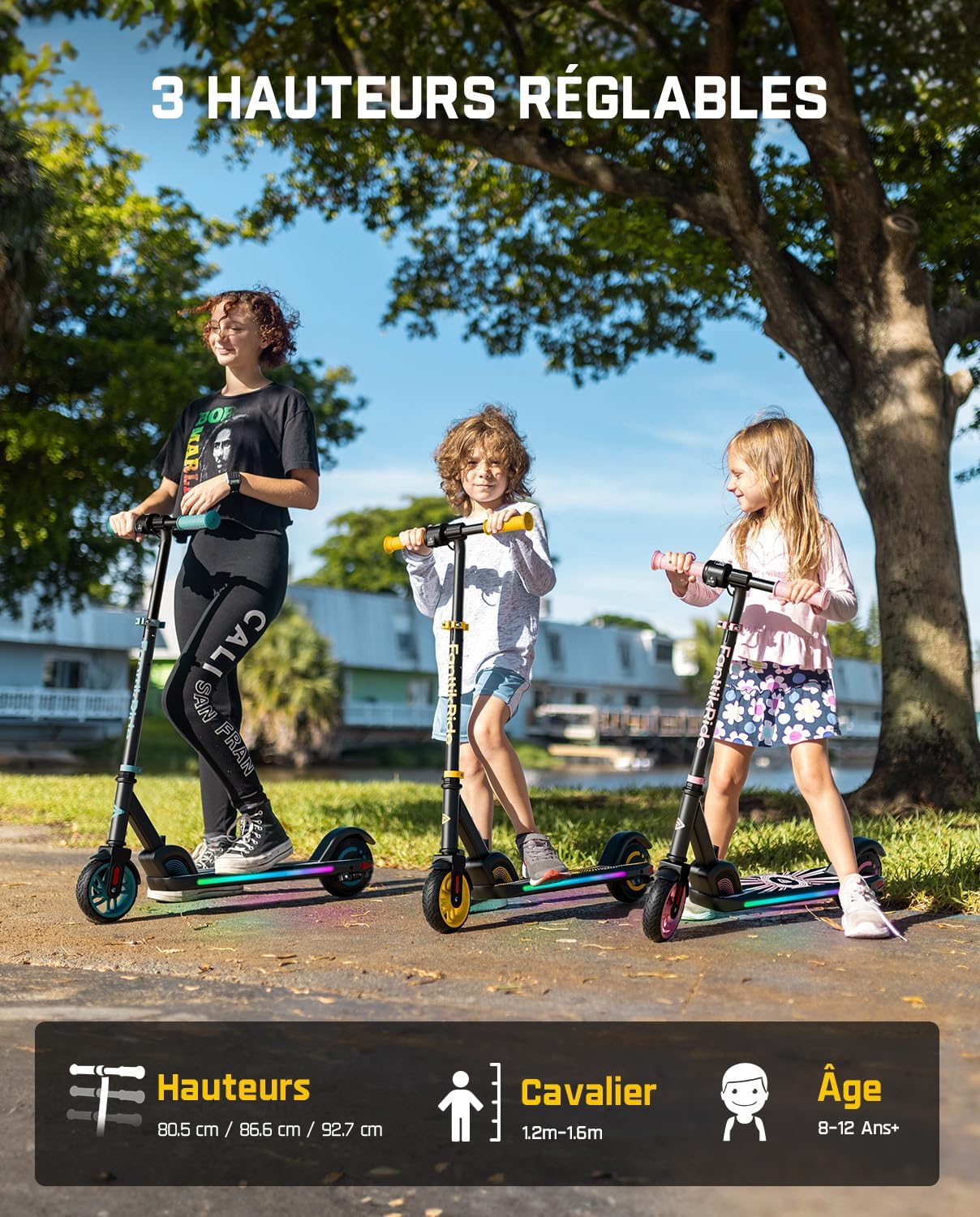 FanttikRide C9 Apex Trottinette Électrique Enfant 1,2-1,6 m, Haut-Parleur Bluetooth, Lumières Arc-en-Ciel, Vitesses 8/13/16 km/h, Autonomie 8 km, Hauteur Réglable, Pliable, Charge maximale 60 kg