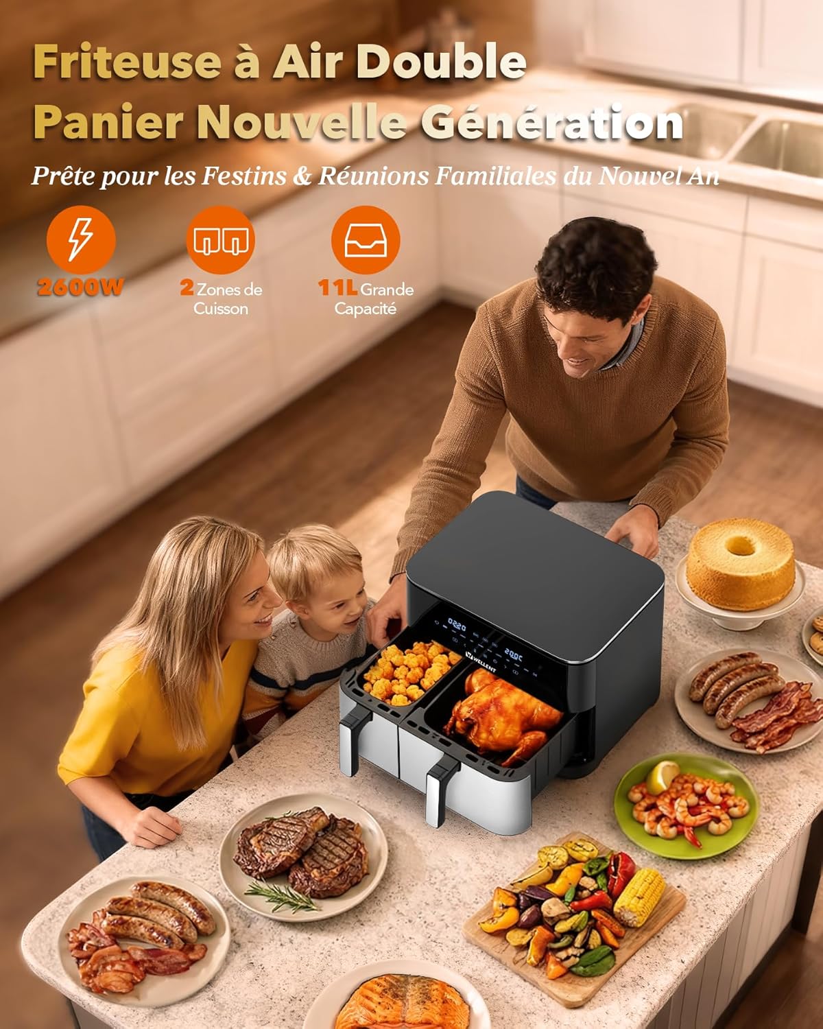 Air Fryer 11L Double friteuse sans huile XXL(4+7L) 2 compartiments Airfryer 2600w Dual Zones,10-in-1 Programmes, Écran Tactile & fonction SYNC, Rappel de Secousse, passe au lave-vaisselle