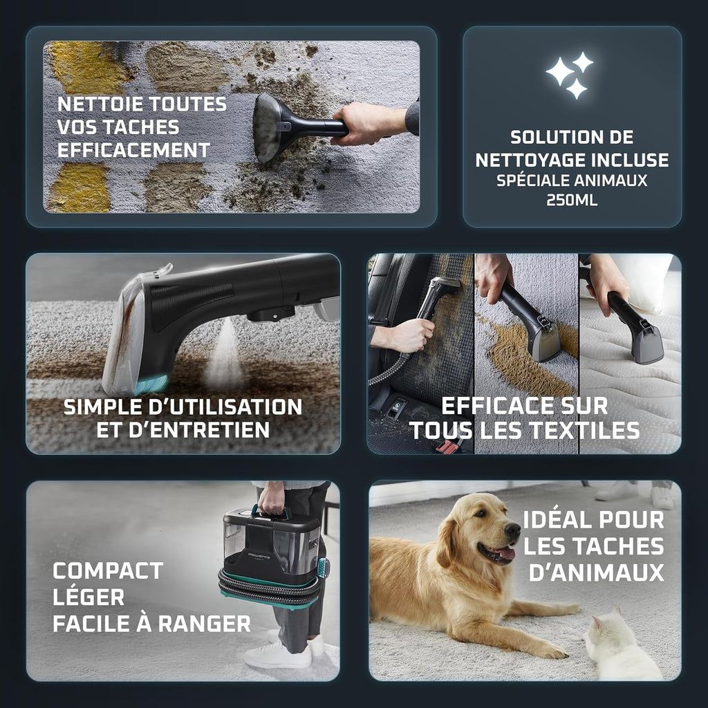 Rowenta, Clean it, Shampouineuse, Détacheur Nettoyeur de Tache, Rapide et Facile, Intérieur de Voiture, 750W, IN5020F0, Bleu/Noir