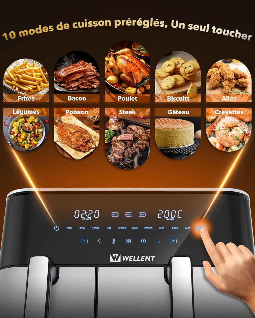 Air Fryer 11L Double friteuse sans huile XXL(4+7L) 2 compartiments Airfryer 2600w Dual Zones,10-in-1 Programmes, Écran Tactile & fonction SYNC, Rappel de Secousse, passe au lave-vaisselle