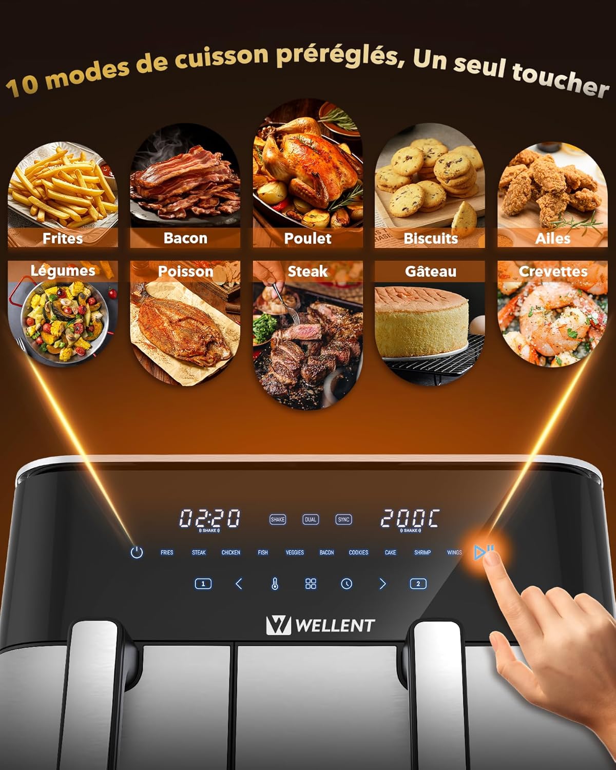 Air Fryer 11L Double friteuse sans huile XXL(4+7L) 2 compartiments Airfryer 2600w Dual Zones,10-in-1 Programmes, Écran Tactile & fonction SYNC, Rappel de Secousse, passe au lave-vaisselle
