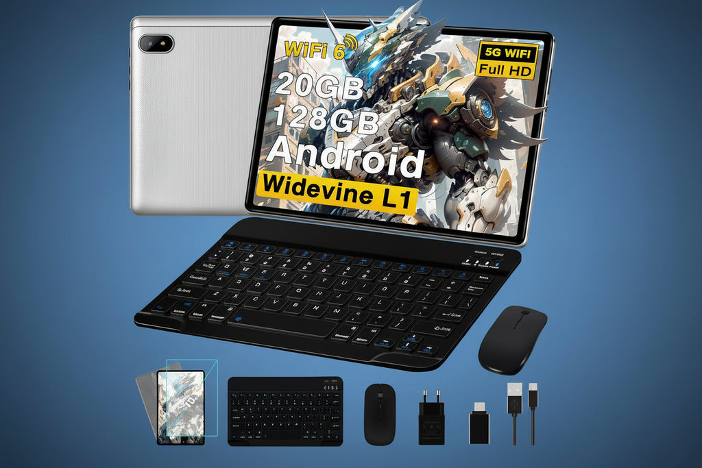 2026 Android Tablette 10 Pouces, 20Go RAM + 128Go ROM(TF 2To), Avec 5G WiFi 6, 5MP+8MP, Octa-Core 2.0 GHz, 8000mAh, GPS, Gemini AI Tablette, Widevine L1, Tablette Tactile avec Clavier + Souris（Argent）