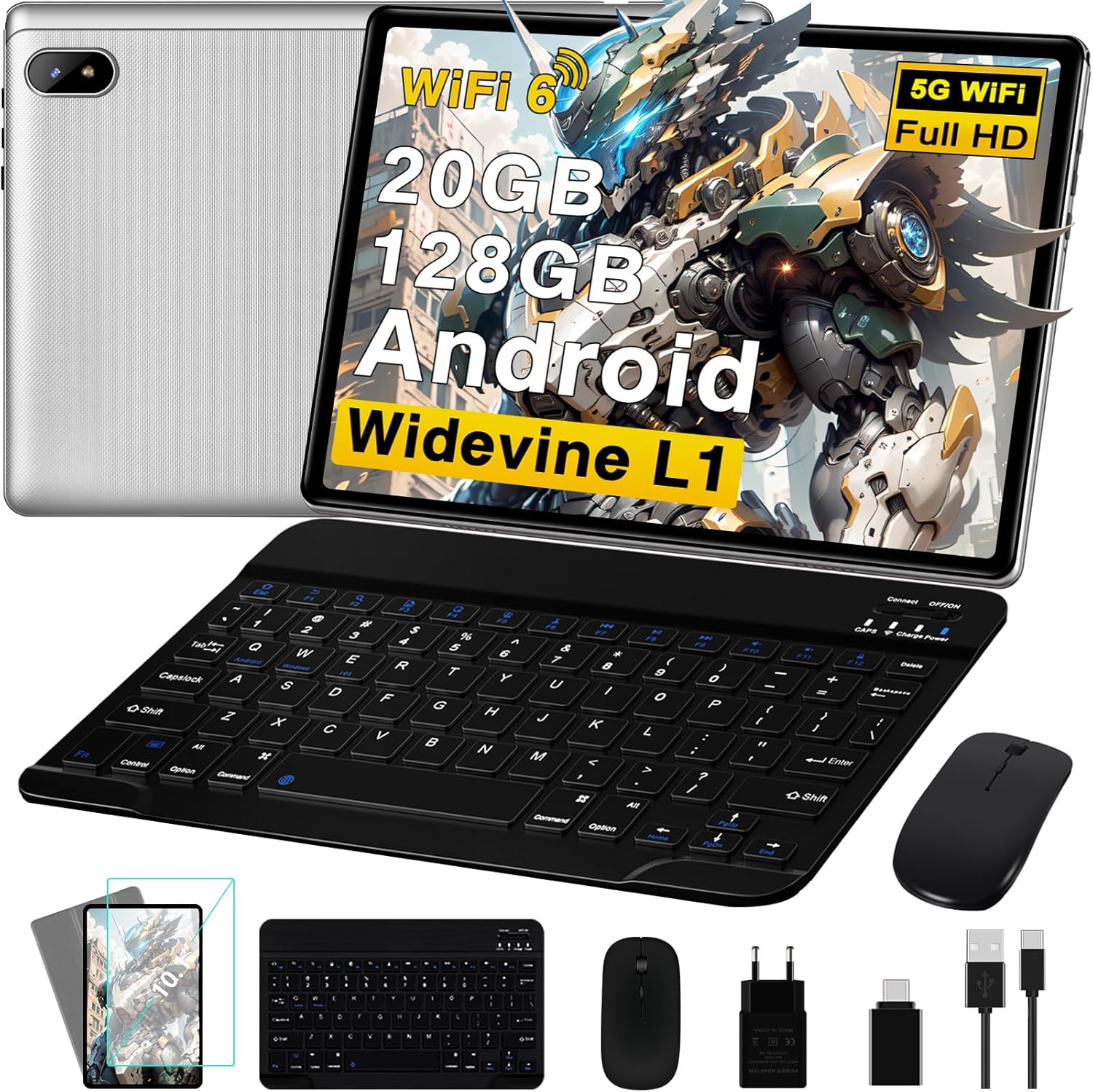 2026 Android Tablette 10 Pouces, 20Go RAM + 128Go ROM(TF 2To), Avec 5G WiFi 6, 5MP+8MP, Octa-Core 2.0 GHz, 8000mAh, GPS, Gemini AI Tablette, Widevine L1, Tablette Tactile avec Clavier + Souris（Argent）